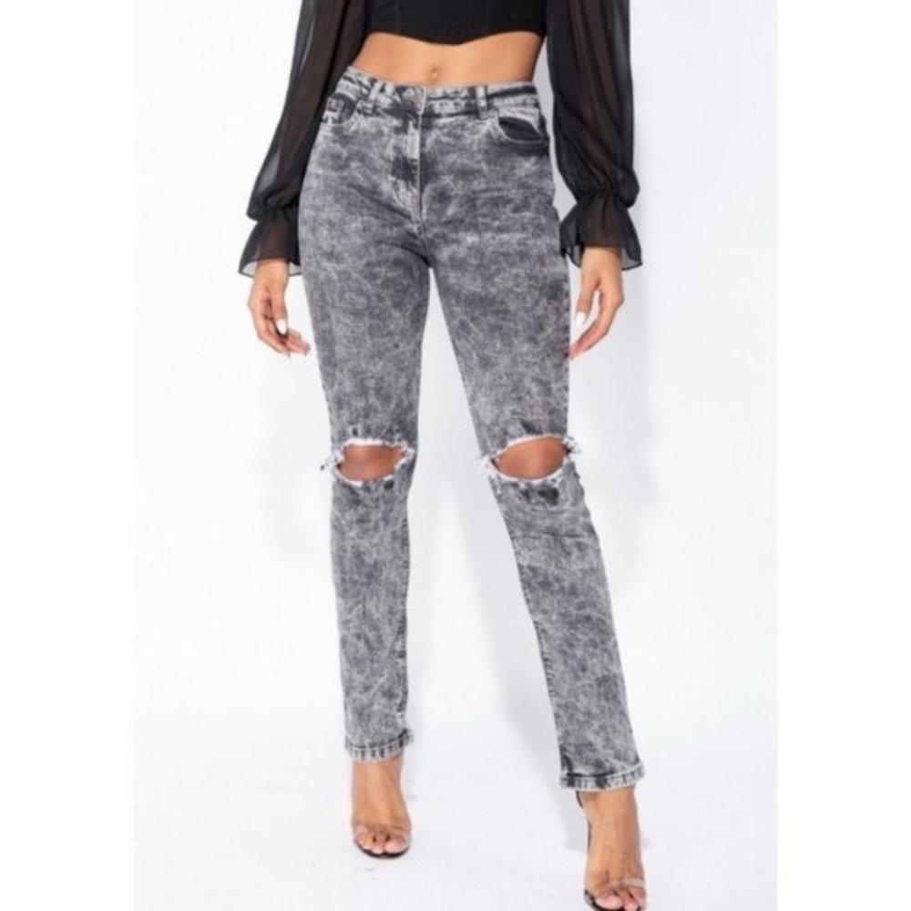 Gray Acid Wash High Waist Ripped Distressed Straight Leg Jeans Denim Pants - Picture 7 of 15